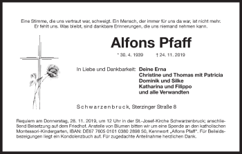 Traueranzeige von Alfons Pfaff von Der Bote
