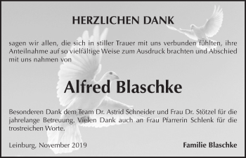 Traueranzeige von Alfred Blaschke von Pegnitz-Zeitung