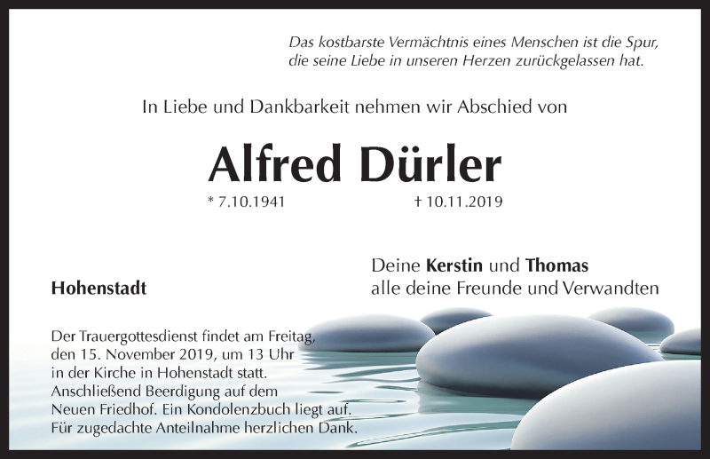  Traueranzeige für Alfred Dürler vom 13.11.2019 aus Hersbrucker Zeitung
