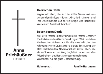 Traueranzeige von Anna Priehäußner von Hersbrucker Zeitung