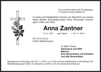 Traueranzeige von Anna Zantner von Der Bote