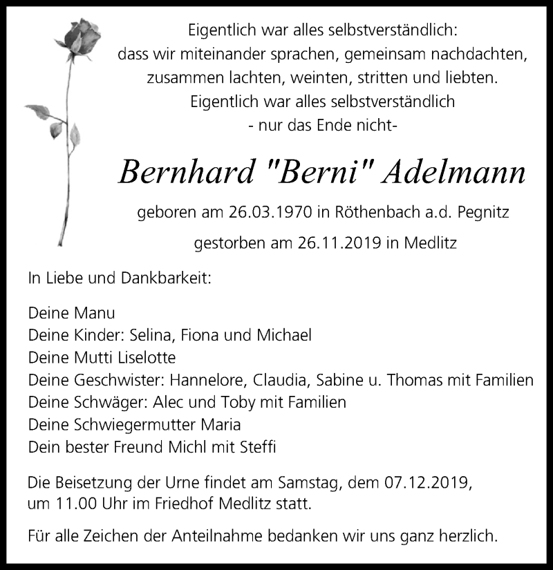  Traueranzeige für Bernhard Adelmann vom 30.11.2019 aus Pegnitz-Zeitung