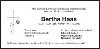 Traueranzeige von Bertha Haas von Der Bote