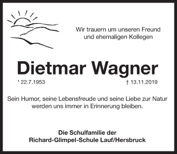 Traueranzeige von Dietmar Wagner von Pegnitz-Zeitung