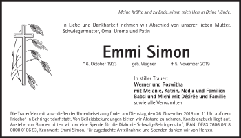 Traueranzeige von Emmi Simon von Pegnitz-Zeitung
