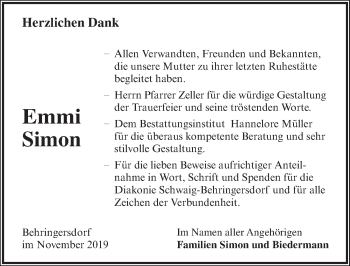 Traueranzeige von Emmi Simon von Pegnitz-Zeitung