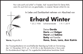 Traueranzeige von Erhard Winter von Hersbrucker Zeitung