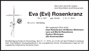 Traueranzeige von Eva Rosenkranz von Der Bote
