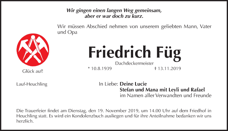 Traueranzeige für Friedrich Füg vom 16.11.2019 aus Pegnitz-Zeitung