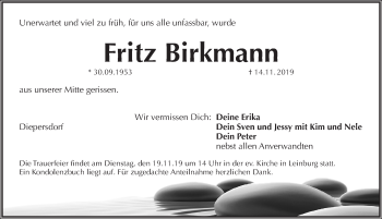 Traueranzeige von Fritz Birkmann von Pegnitz-Zeitung