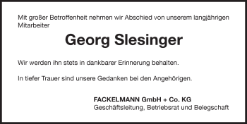 Traueranzeige von Georg Slesinger von Hersbrucker Zeitung