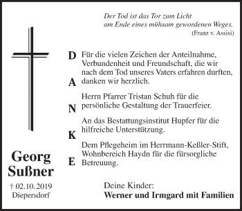 Traueranzeige von Georg Sußner von Pegnitz-Zeitung