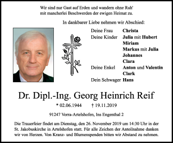 Traueranzeige von Georg Heinrich Reif von Hersbrucker Zeitung