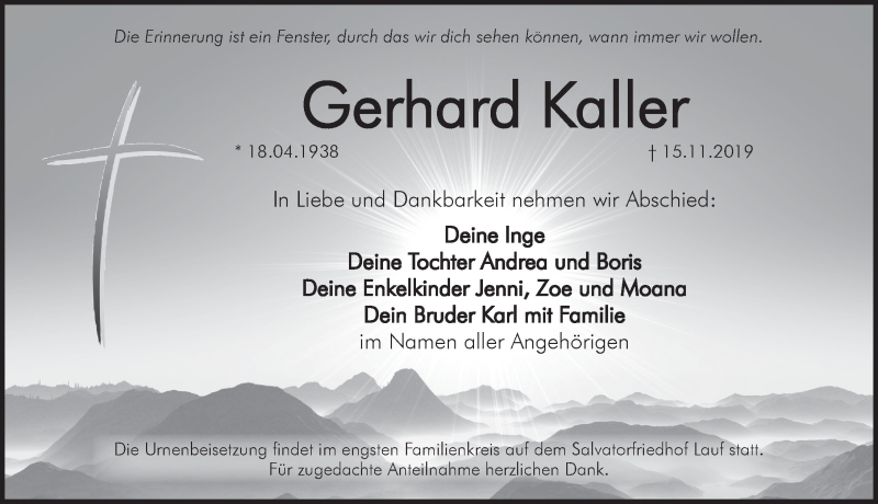  Traueranzeige für Gerhard Kaller vom 23.11.2019 aus Pegnitz-Zeitung