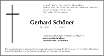 Traueranzeige von Gerhard Schöner von Pegnitz-Zeitung