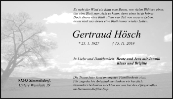 Traueranzeige von Gertraud Hösch von Pegnitz-Zeitung