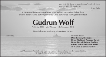 Traueranzeige von Gudrun Wolf von Pegnitz-Zeitung