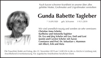 Traueranzeige von Gunda Babette Tagleber von Pegnitz-Zeitung