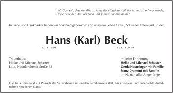 Traueranzeige von Hans Beck von Pegnitz-Zeitung