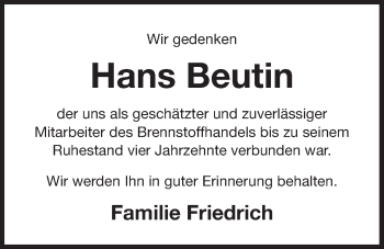 Traueranzeige von Hans Beutin von Der Bote