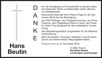 Traueranzeige von Hans Beutin von Der Bote