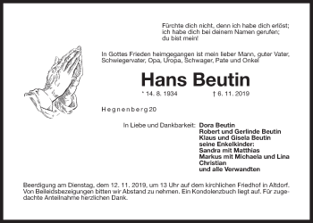 Traueranzeige von Hans Beutin von Der Bote