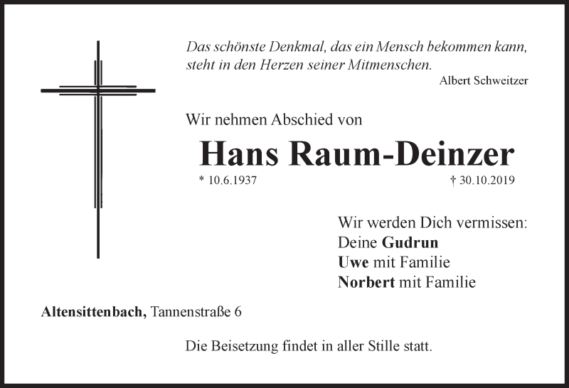  Traueranzeige für Hans Raum-Deinzer vom 01.11.2019 aus Hersbrucker Zeitung