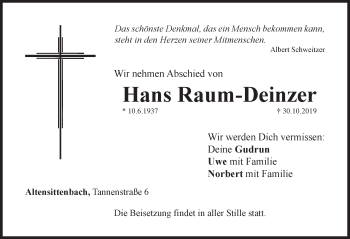 Traueranzeige von Hans Raum-Deinzer von Hersbrucker Zeitung