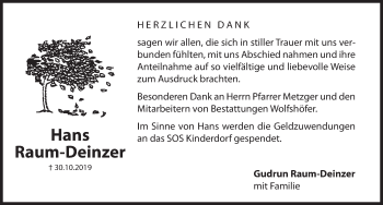 Traueranzeige von Hans Raum-Deinzer von Hersbrucker Zeitung