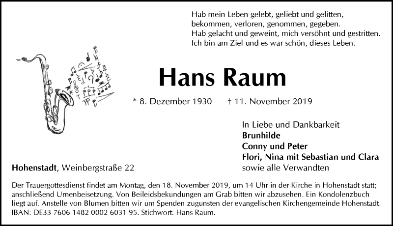  Traueranzeige für Hans Raum vom 16.11.2019 aus Hersbrucker Zeitung