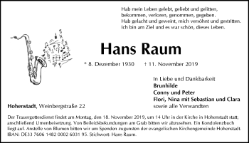 Traueranzeige von Hans Raum von Hersbrucker Zeitung