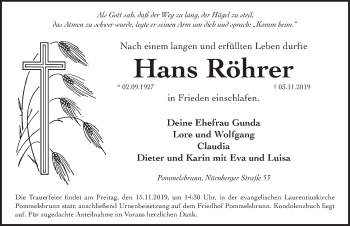 Traueranzeige von Hans Röhrer von Hersbrucker Zeitung