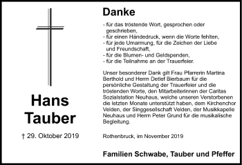 Traueranzeige von Hans Tauber von Hersbrucker Zeitung