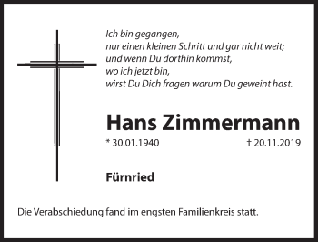 Traueranzeige von Hans Zimmermann von Hersbrucker Zeitung