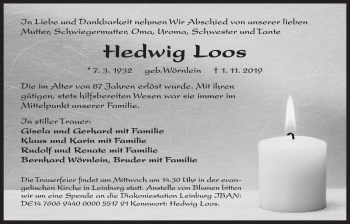Traueranzeige von Hedwig Loos von Der Bote