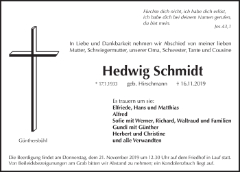 Traueranzeige von Hedwig Schmidt von Pegnitz-Zeitung
