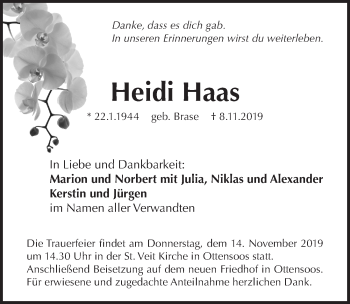 Traueranzeige von Heidi Haas von Pegnitz-Zeitung