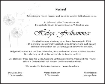 Traueranzeige von Helga Freihammer von Der Bote