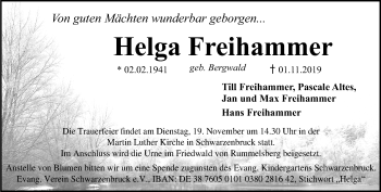 Traueranzeige von Helga Freihammer von Der Bote