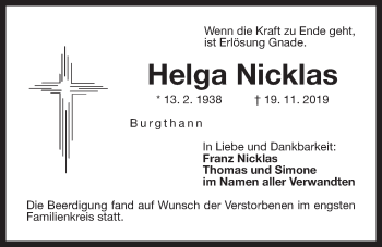 Traueranzeige von Helga Nicklas von Der Bote