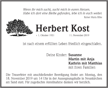 Traueranzeige von Herbert Kost von Pegnitz-Zeitung