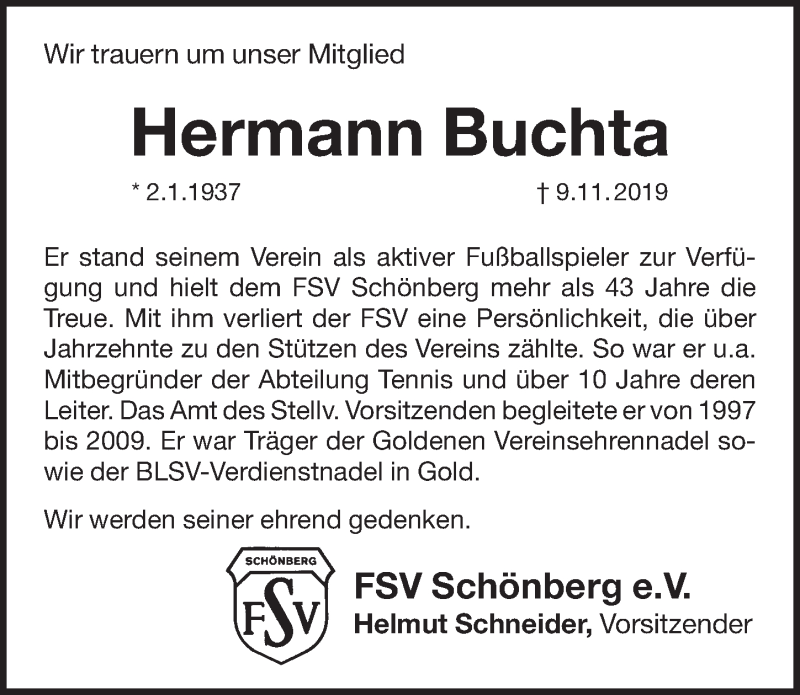  Traueranzeige für Hermann Buchta vom 13.11.2019 aus Pegnitz-Zeitung