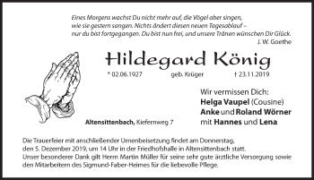 Traueranzeige von Hildegard König von Hersbrucker Zeitung