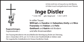 Traueranzeige von Inge Distler von Hersbrucker Zeitung