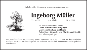 Traueranzeige von Ingeborg Müller von Pegnitz-Zeitung