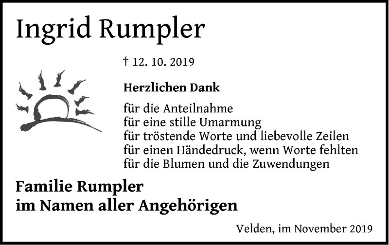  Traueranzeige für Ingrid Rumpler vom 09.11.2019 aus Hersbrucker Zeitung