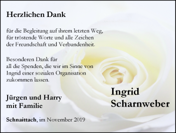 Traueranzeige von Ingrid Scharnweber von Pegnitz-Zeitung