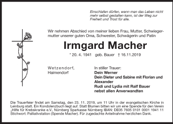 Traueranzeige von Irmgard Macher von Pegnitz-Zeitung