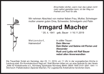 Traueranzeige von Irmgard Macher von Der Bote