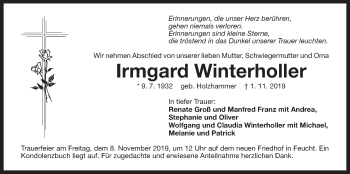 Traueranzeige von Irmgard Winterholler von Der Bote
